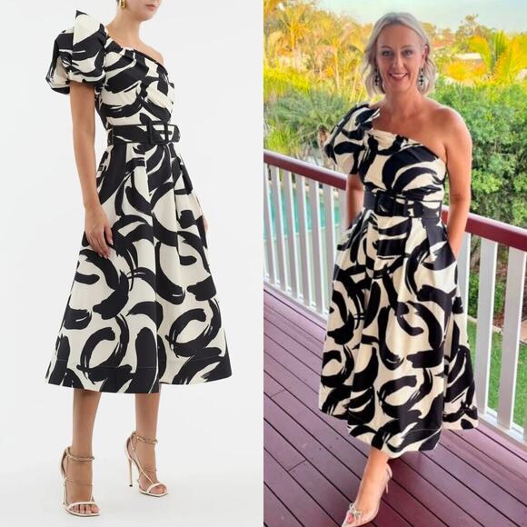 Rebecca Vallance Black White Pompidou One Shoulder Midi Dress size US 6 AUS 10 - Picture 2 of 15